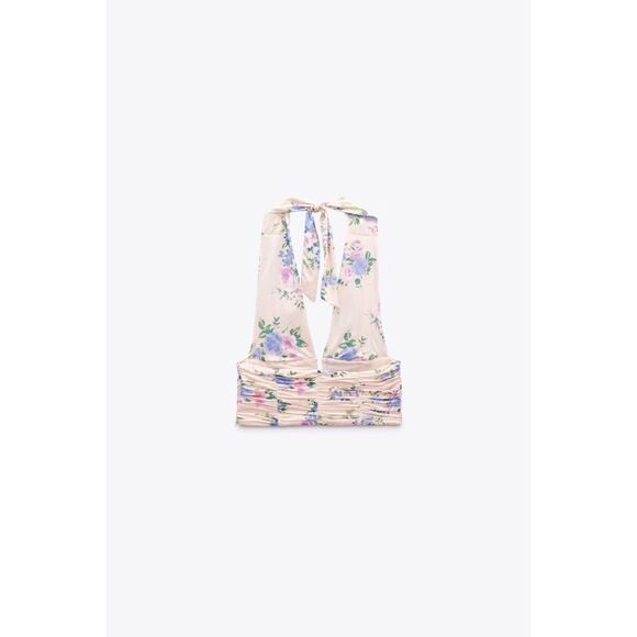 NWT Zara Floral Print Corset V-Neck Halter Neck Tie Crop Top in Pale Pink - Picture 6 of 16